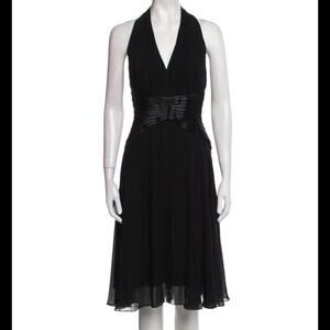 Tadashi Shoji Silk A-Line Little Black Dress Pleated Accents Halter Neck Sz 4